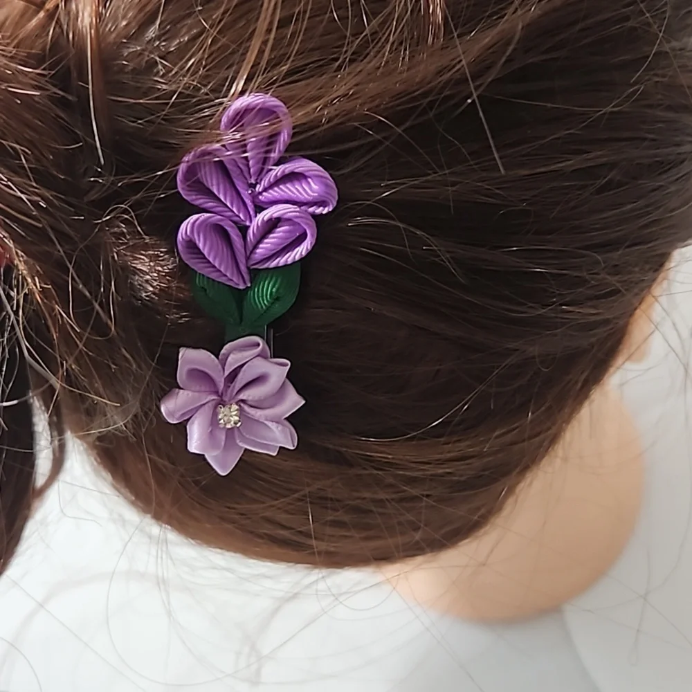 Hand Crafted Purple Barrette Hair Clip Floral Ribbon flowers purple 2- Piece set